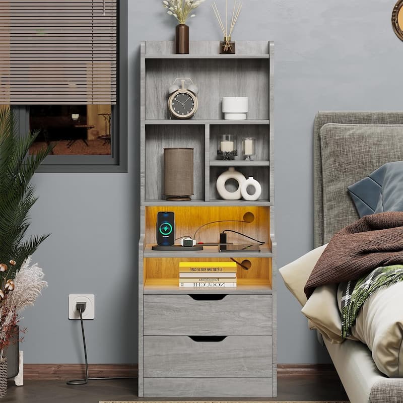 Nightstand with Bookshelf Tall Night Stand 2 Drawers