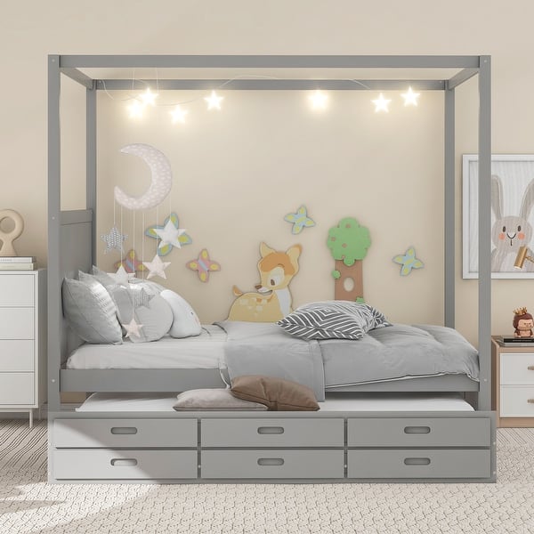 slide 2 of 8, Queen Size Canopy Platform Bedframe with Twin Trundle & 3 Drawers