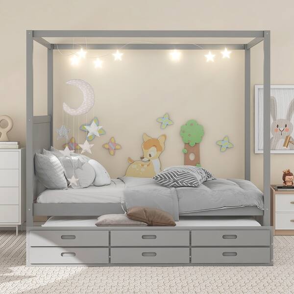 slide 2 of 11, Queen Size Pine Wooden Platform Bed with Twin Size Trundle, Canopy Bed with Three Storage Drawers for Bedroom, Gray Grey