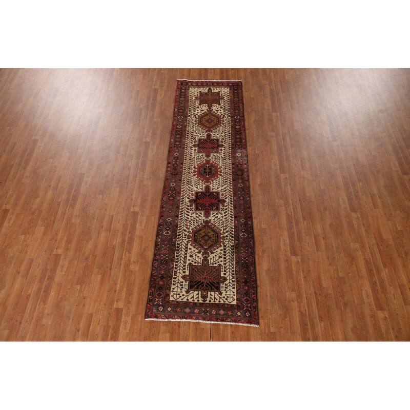 Geometric Heriz Persian Vintage Runner Rug Handmade Wool Carpet - 3'1"x 10'8"