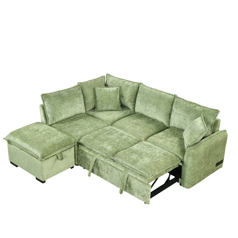 Convertible Sleeper Sofa Bed with Storage Ottoman, L-Shaped Sectional Sofa with 2 Pillows, 2 Power Sockets & 2 USB Ports