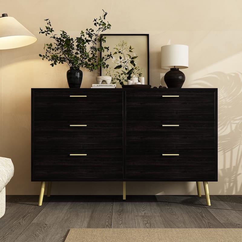 Modern 6-Drawer Dresser with Gold Legs and Handles, 47.2" Wide Mid-Century Bedroom Dresser Chest