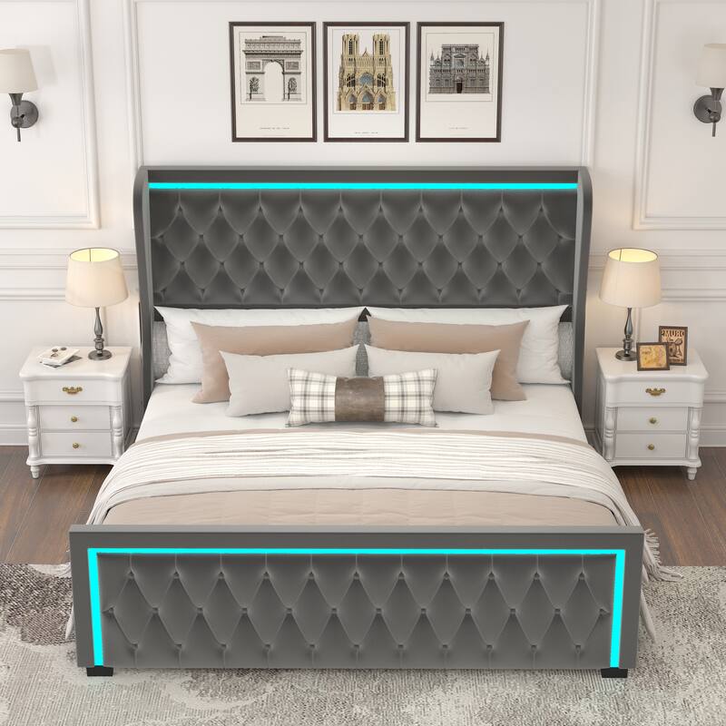 King Platform Bed With High headboard and Deep Tufted Buttons, Adjustable Colorful LED Light