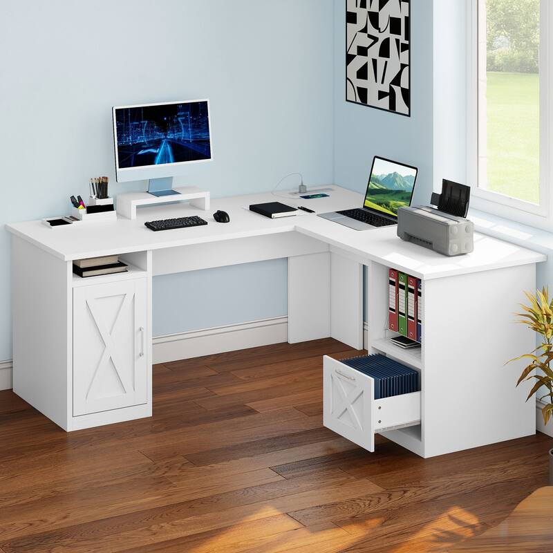 Moasis 59" L Shaped Office Desk with File Cabinet, Corner Computer Desk with Monitor Stand for Home Ofiice