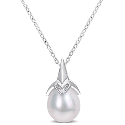 Miadora Sterling Silver Cultured Freshwater Pearl & Diamond Accent Solitaire Drop Necklace (8.5-9mm)