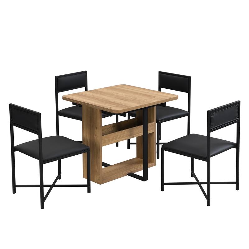Modern 5-Piece Extendable Dining Table Set, 63" Kitchen Foldable Wooden Table with Lower Storage Shelf and 4 PU Leather Chairs