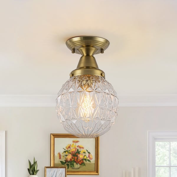 slide 2 of 12, Vintage Brass Diamond Cut Glass Flush Mount Ceiling Light