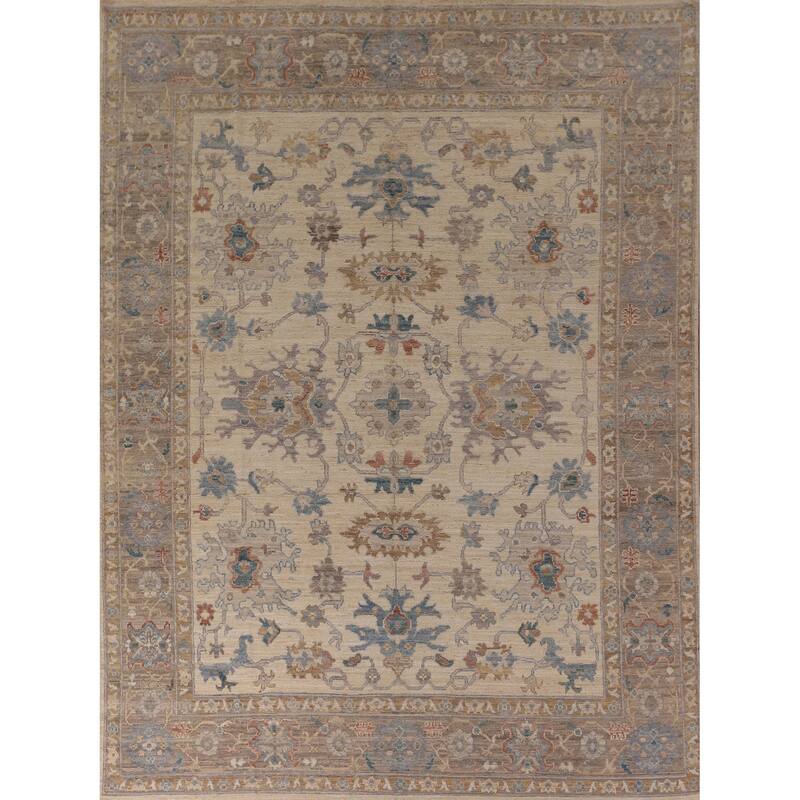 Beige Floral Oushak Vegetable Dye Area Rug Hand-Knotted Wool Carpet - 8'2" x 10'0"