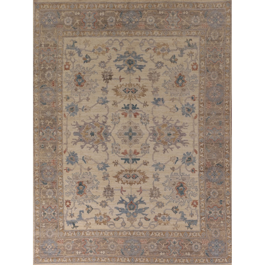 Beige Floral Oushak Vegetable Dye Area Rug Hand-Knotted Wool Carpet - 8'2" x 10'0"