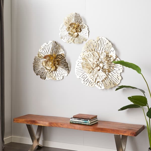Gold Metal Large 3D Floral Home Wall Decor with Cutouts (Set of 3 ...