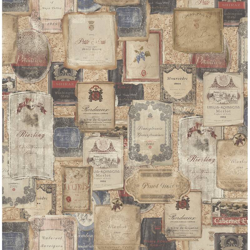 Seabrook Designs Amaya Wine Labels Unpasted Wallpaper - 20.5 in. W x 33 ft. L - Sand & Espresso
