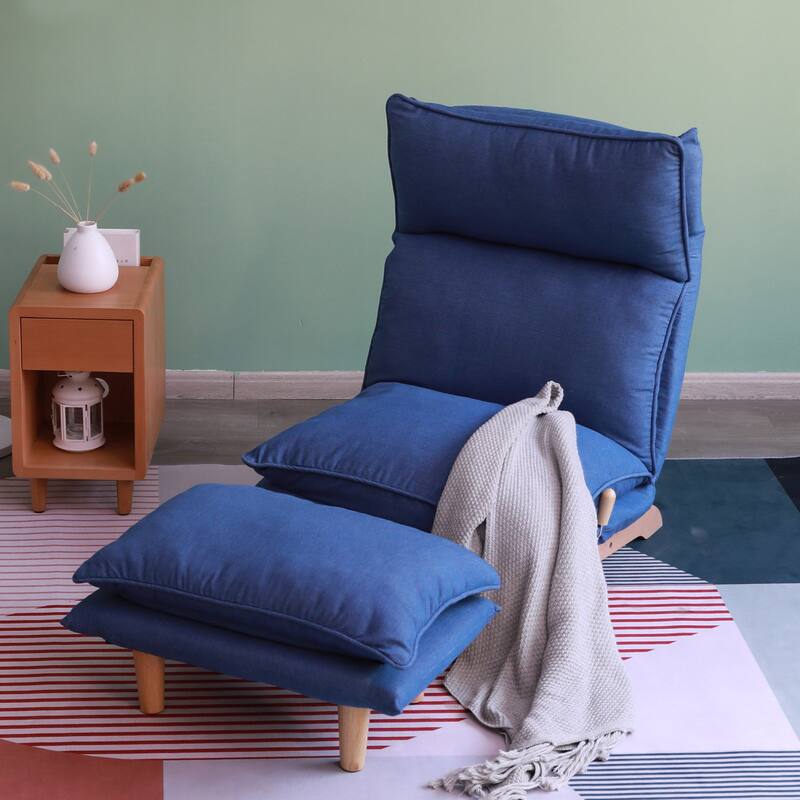 Dark Blue Upholstered Armless Manual Lazy Recliner Set with Ottoman, Adjustable Headrest and Backrest, 180° Flat Lay