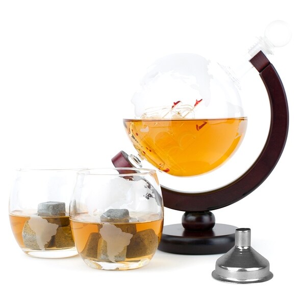 Atterstone Whiskey Decanter Set with Whiskey Stones Gift Set, Globe Glasses and Funnel - 850ml Globe