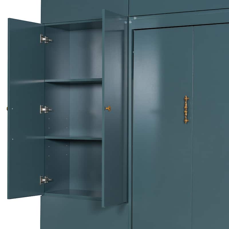 Versatile Queen Size Murphy Bed Wooden Folding Bed Frame integrated with L-shaped Chaise Sectional Sofa and Storage Cabinets