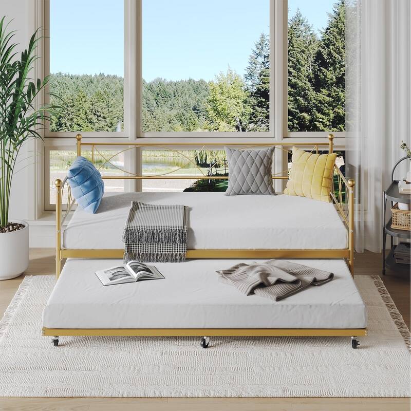 Twin daybed with Trundle,Metal Twin Daybed,Day Bed Sofa Bed Frame with Steel Slat Support,Multifunctional Daybed Frame