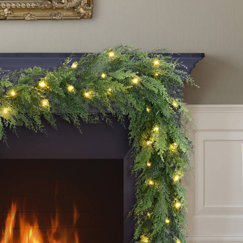 Puleo International 9' x 10" Pre-Lit Battery-Operated Cedar Garland with Twinkle Rice Lights