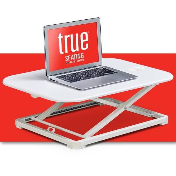 slide 2 of 33, True Seating Ergo 26.75 Inch Standing Desk Converter, Laptop Monitor Riser Height Adjustable Tabletop Workstation White