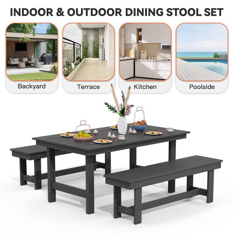 3-Piece HDPE Outdoor Dining Set with Umbrella Hole Table and Two 2-Person Benches