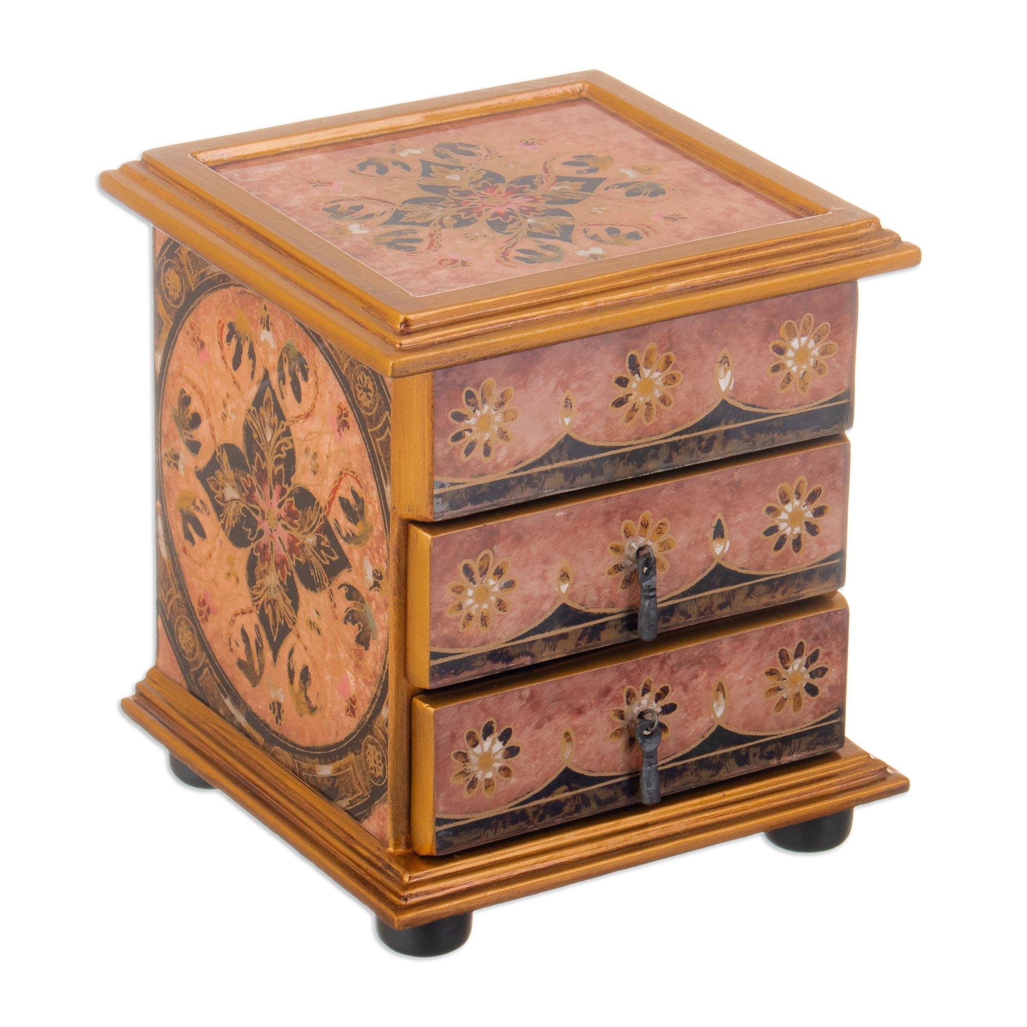 Novica Handmade Small Flower Reverse Painted Glass Jewelry Box Bed