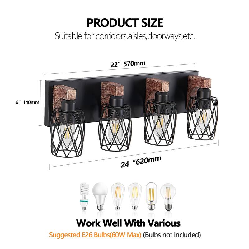 24" Industrial Vintage 4-Light Wall Sconce, Cage Wall Lighting Fixture