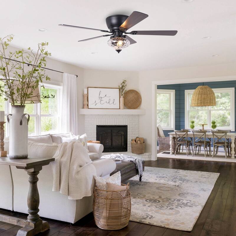 52" Classic Matte Black Flush Mount Ceiling Fan with Light and Remote - 52 in. D x 52 in. W x 14 in. H