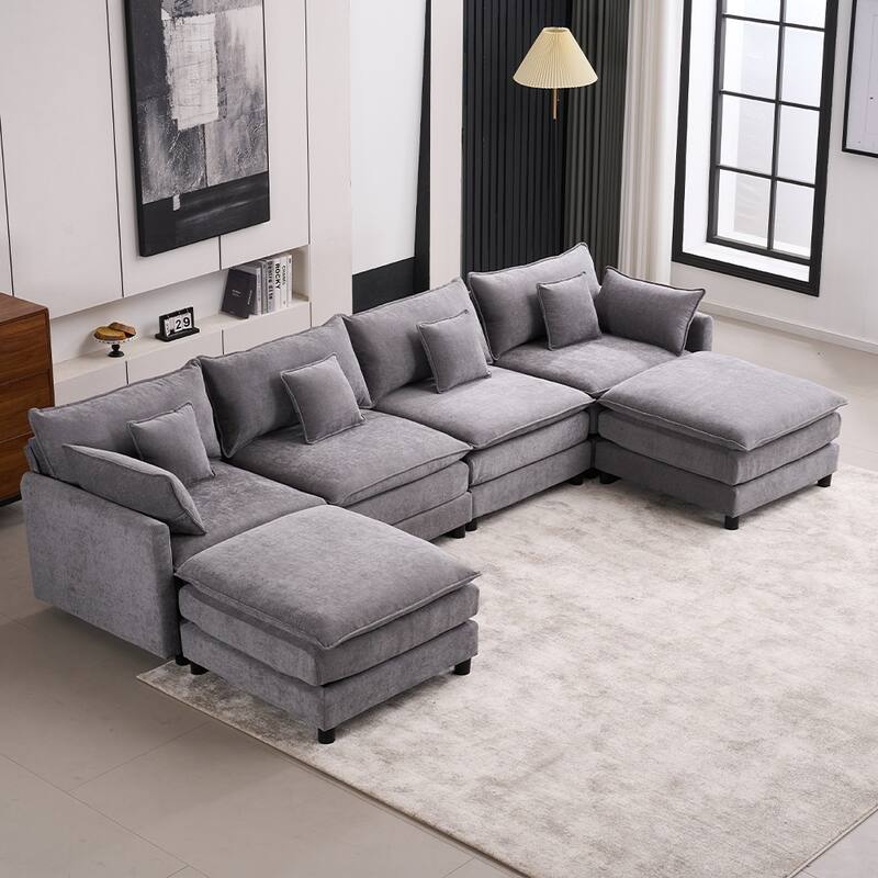 131.89" Chenille U-Shaped Sectional Sofa Bed with Sleeper & Iron Frame Support