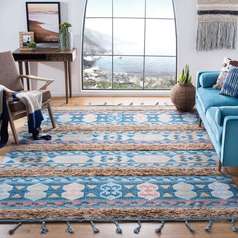 SAFAVIEH Handmade Saffron Selene Modern Tribal Cotton Rug - 8' x 10' - Blue/Taupe