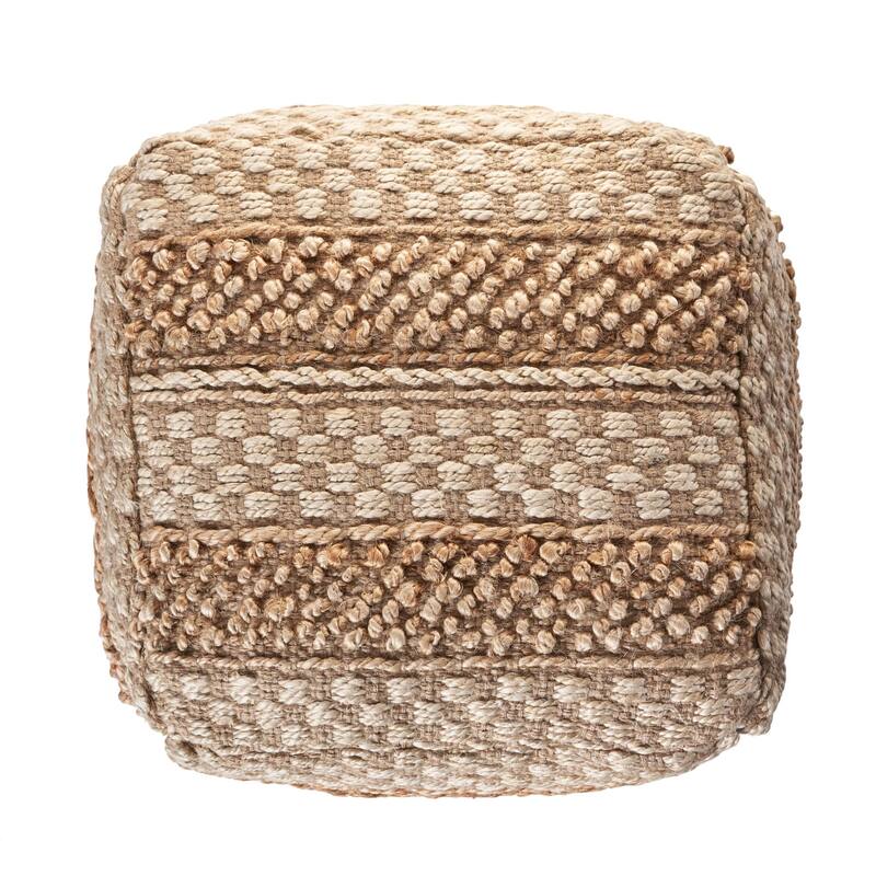 18" Cream and Brown Geometric Textured Square Pouf Ottoman