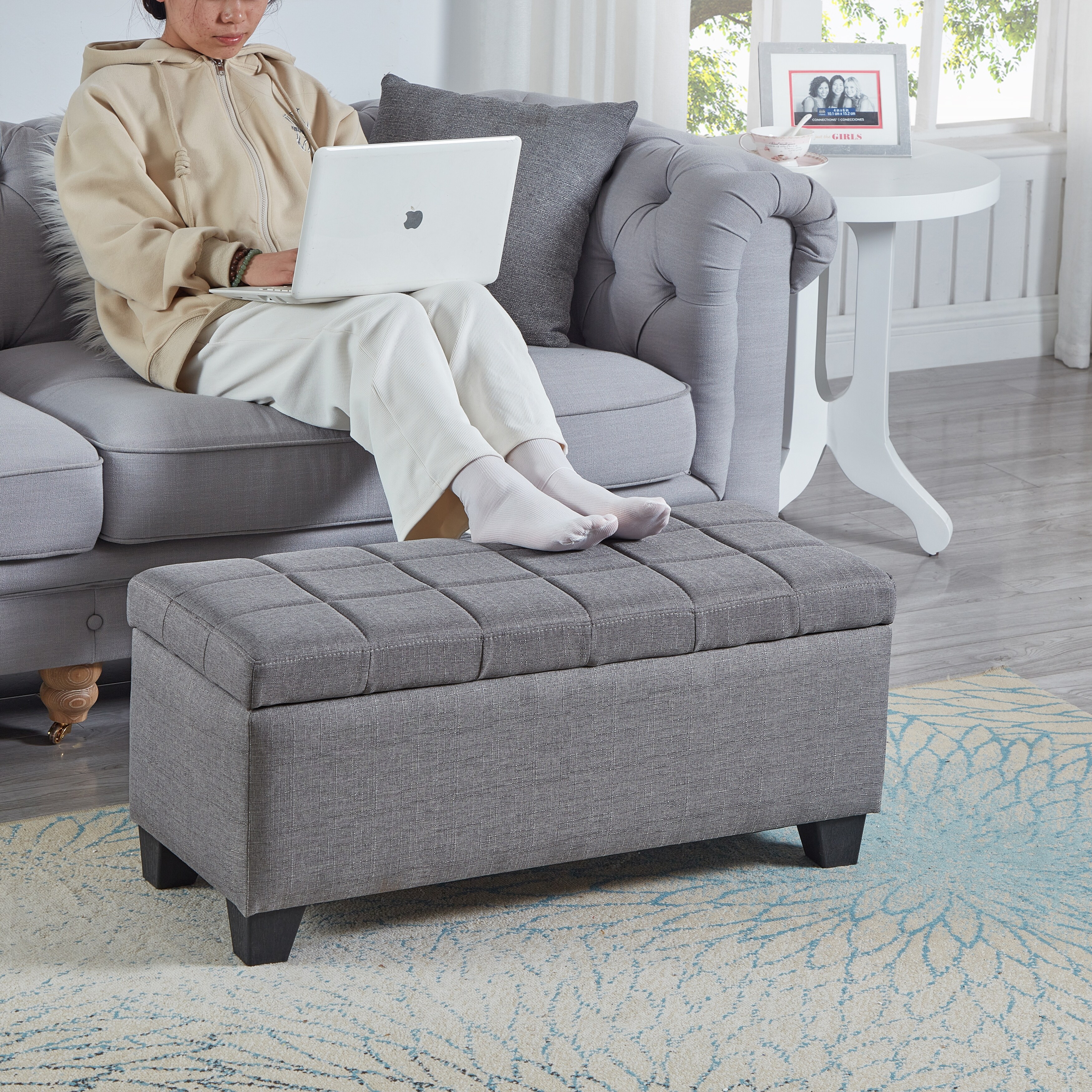 Light Gray Storage Bench Ottoman for Entryway Bedroom End of Bed Soft Close Lid with Child Safety Hinge Fabric Bed Bath Beyond 42403926