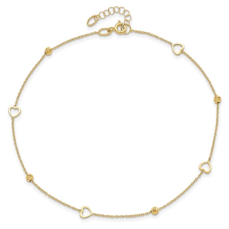 Curata Women's Italian 14k Yellow Gold Polished and Diamond-Cut Heart Anklet - 10 Inch