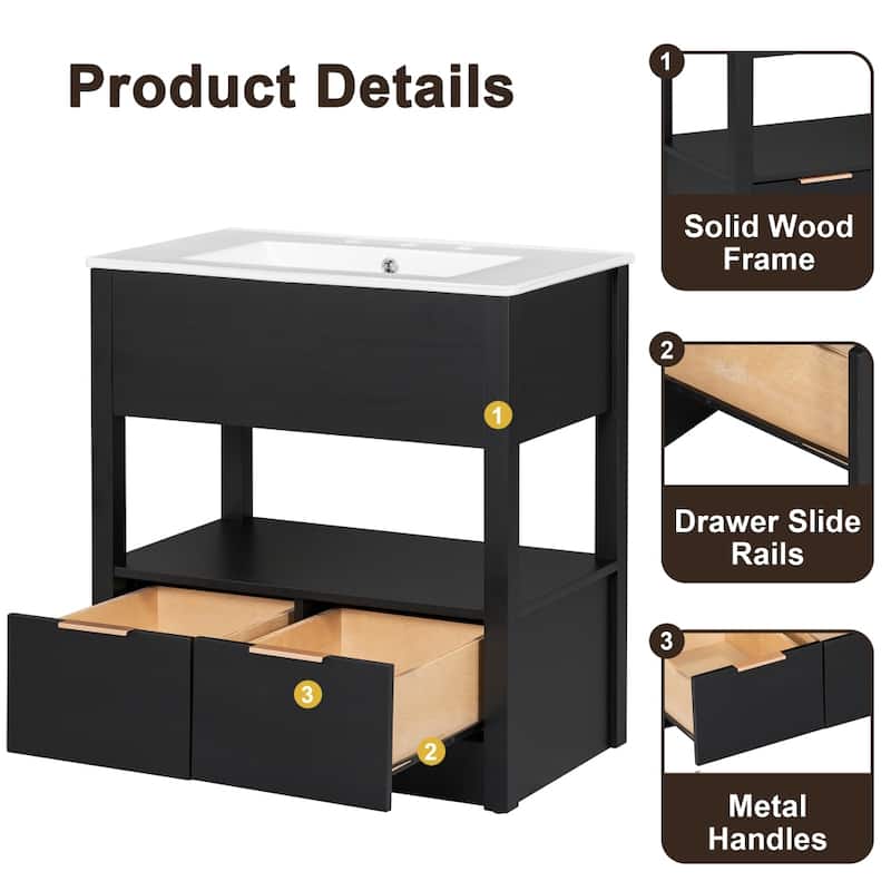 30 in.W Bathroom Vanity Cabinet with Sink Top with Open Storage Shelf