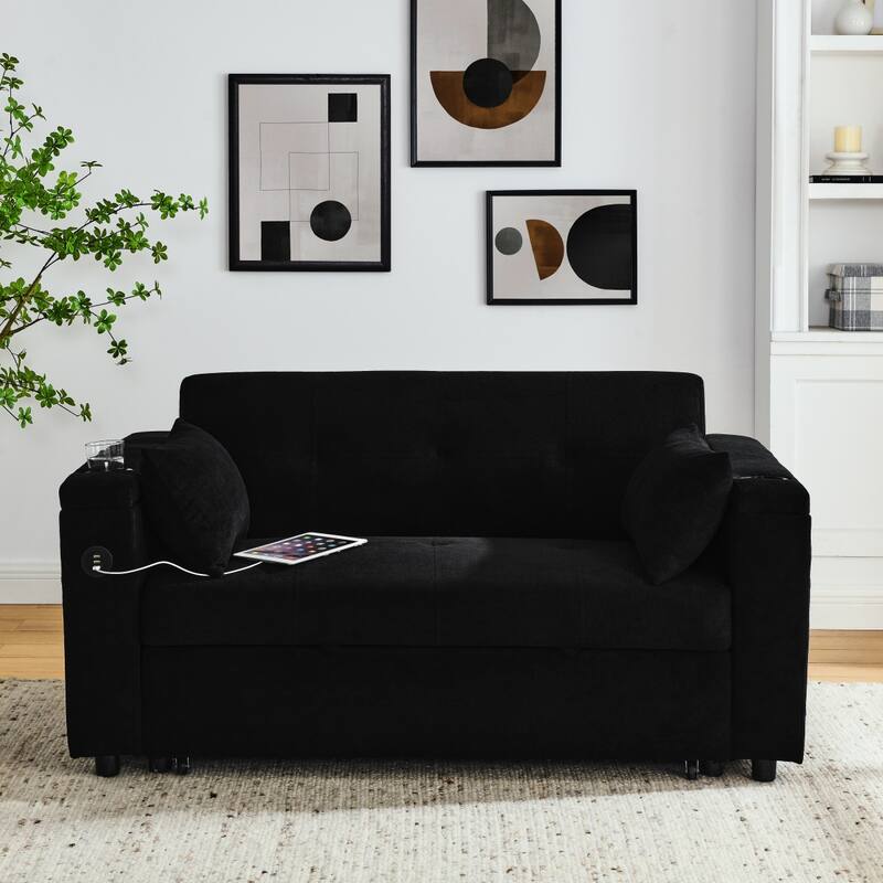 Sleeper Sofa Couch Bed, Pull Out Loveseat with Storage, Convertible Sleeper Sofa w/ Side Pockets, Adjustable Backrest & USB Port