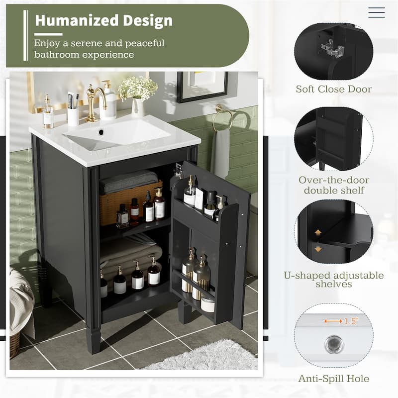 20" Bathroom Vanity with Ceramic Sink, Soft-Close Door, Adjustable U-Shaped Shelf, and Door-Mounted Storage Rack