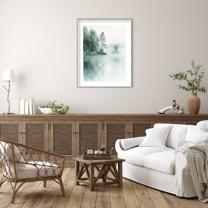 Misty Firs II by Tradelink inhouse artist Wood Framed Wall Art Print - Lucie Silver White