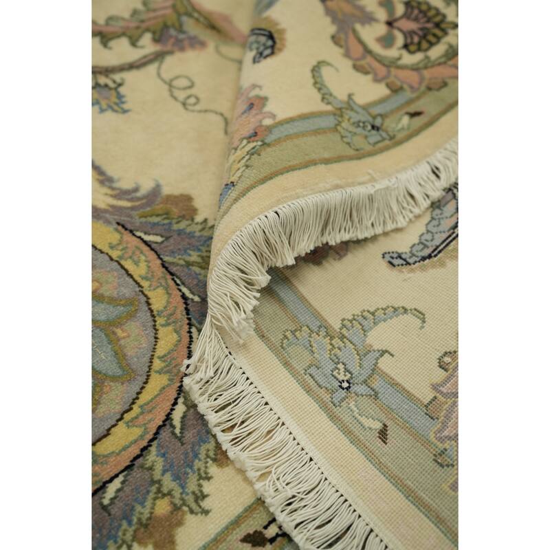 Hand Knotted Oriental Wool & Silk Carpet Traditional All-Over Beige & Ivories Tabriz Area Rug - 9' 11'' X 6' 6''