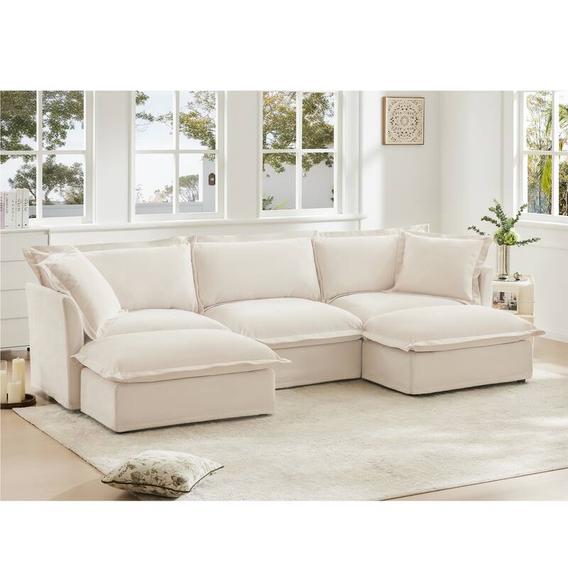3-Seater Slipcovered U-Shape Sectional Deep Seat Sofa Couch with 2 Ottomans