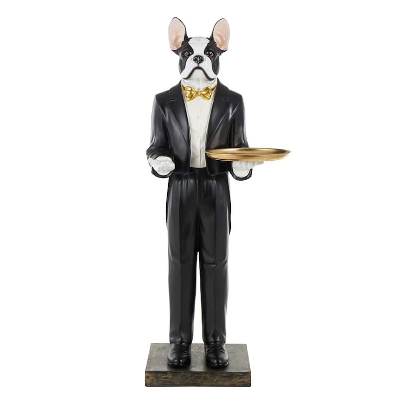 White Resin Floor Waiter Dog Decorative Sculpture with Gold Bow Tie and Plate - 26"W x 26"L x 64"H