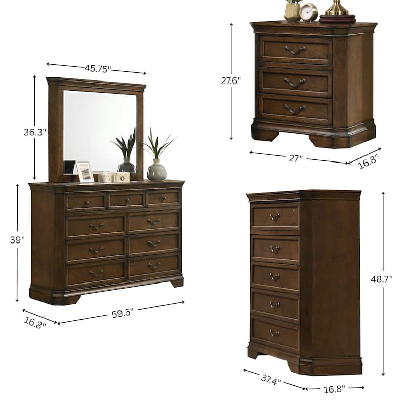 Roundhill Furniture Maderne Traditional Wood Panel Bed with Dresser, Mirror, Nightstand, Chest