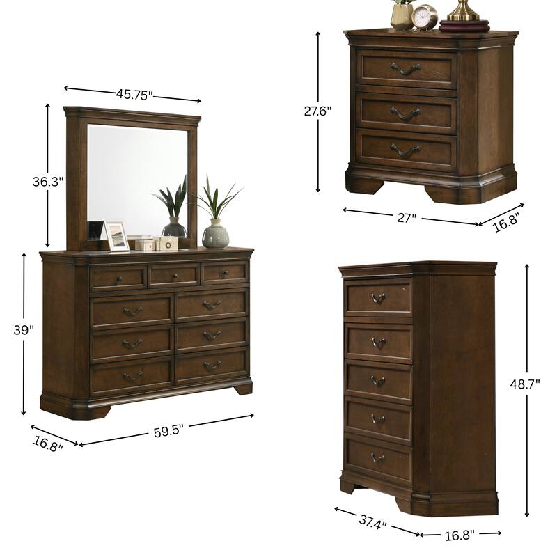 Roundhill Furniture Maderne Traditional Wood Panel Bed with Dresser, Mirror, Two Nightstands, Chest
