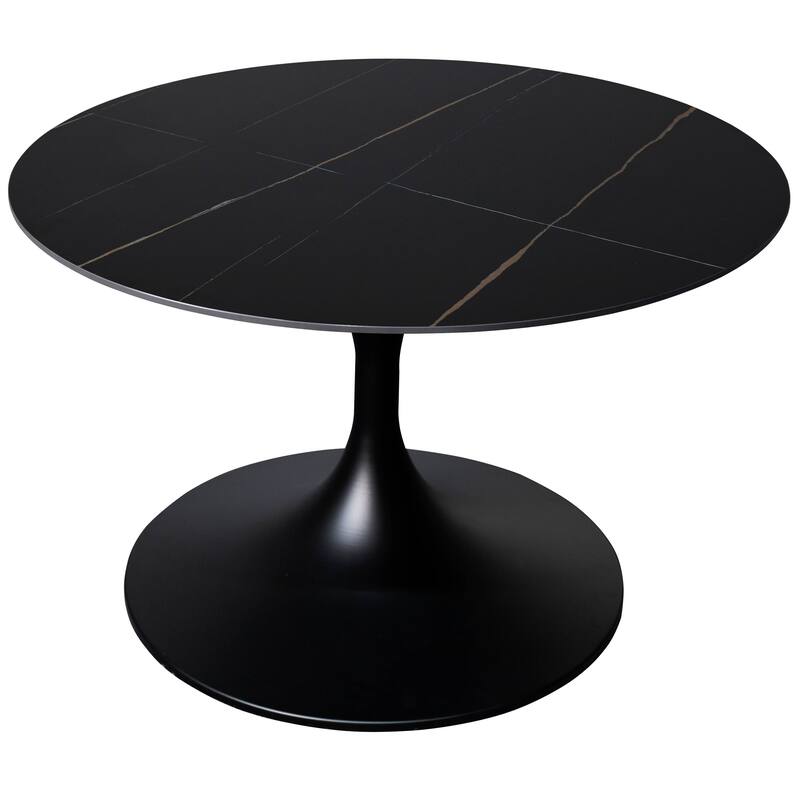 LeisureMod Verve 27" Round Coffee Table with Sintered Stone TableTop and Black Steel Base for Living & Bedroom