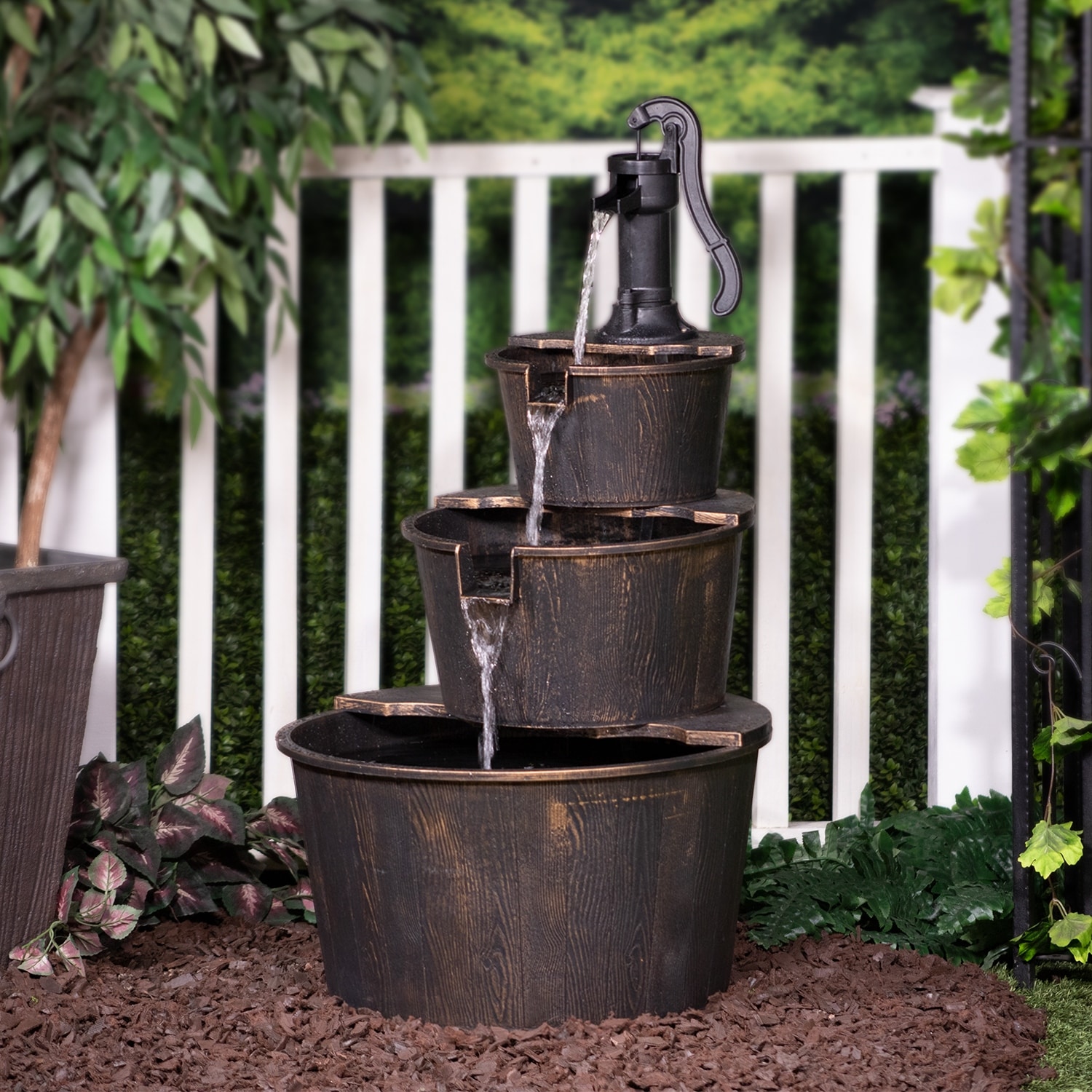 Alpine Corporation TEC234BR 40" Tall Brown Outdoor 3 Tier Rustic Pump and Barrel Water Fountain