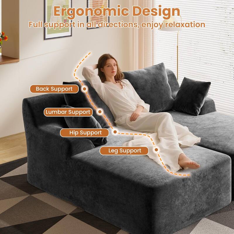 Velvet Dual Chaise Sofa Bed, Sleeper Sofa with Thicked Cushions and Throw Pillows, Deep Seat Lounge Loveseat Sofa