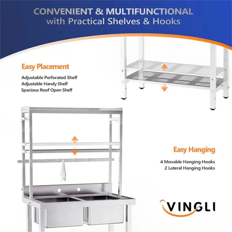 67 Inch Double Bowls Commercial Stainless Steel Sink Kitchen with Shelves - 35.8"W x 21.3"D x 68.1"H