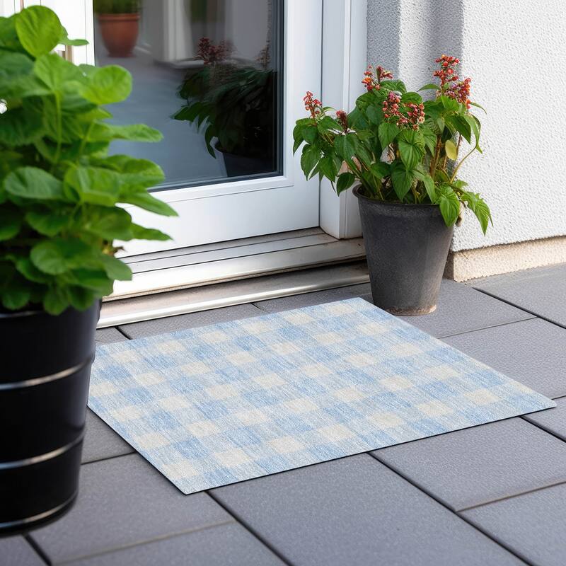 Machine Washable Indoor/ Outdoor Chantille Plaid Rug - Sky - 1'8" x 2'6"