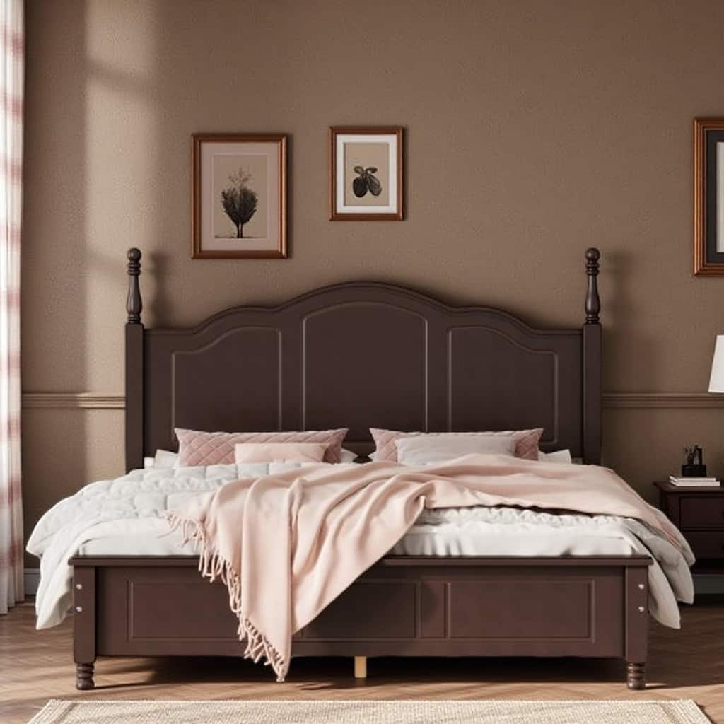 Queen Size Platform Bed with Rustic Wood Headboard, Sturdy Pine Frame & Slat Support, No Box Spring Needed, Dark Walnut Finish