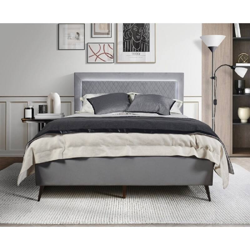 Modern Upholstered Platform Bed with Adjustable LED Headboard, Dark Gray