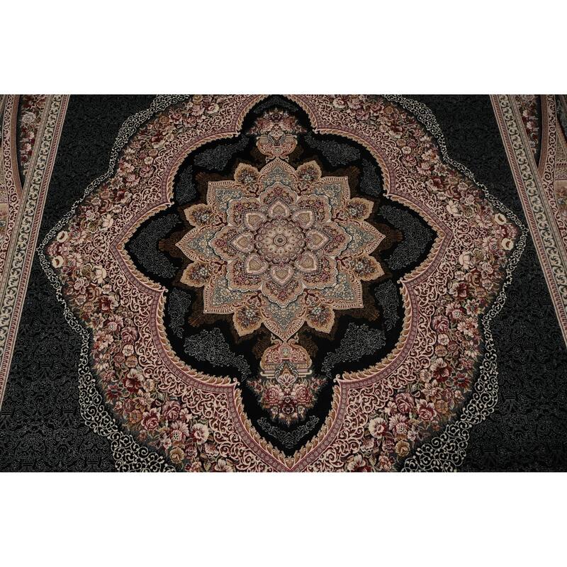 Machine Made Oriental 90% Silk - 10% Polyester Carpet Traditional Medallion Navy Blue & Blues Qum Area Rug - 9' 10'' X 6' 6''