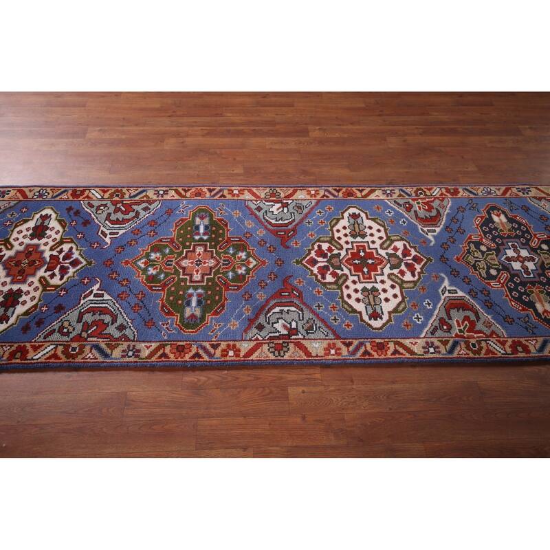 Geometric Blue Kazak Oriental Runner Rug Hand-Knotted Wool Carpet - 2'7"x 8'0"