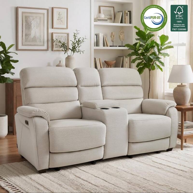 MCombo 61.6'' Wall Hugger Power Loveseat Recliner Sofa with Adjustable Headrest and USB A & C Charge Ports - Beige - Loveseat with Console