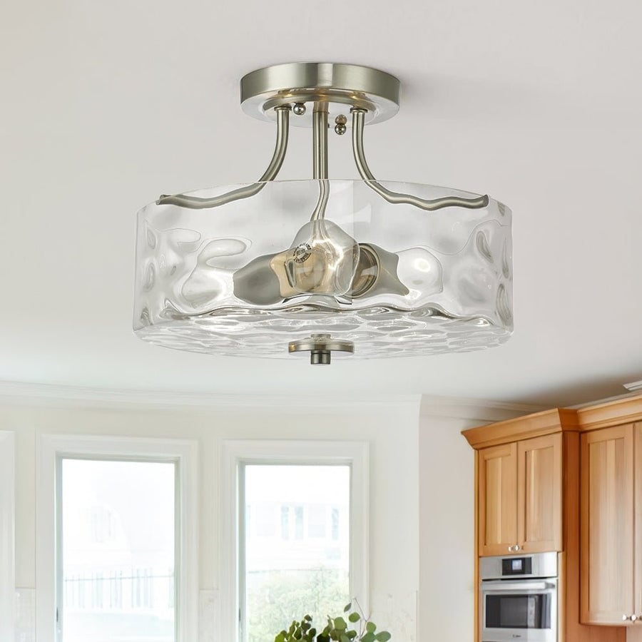 Nickel 2-Light Water Glass Round Semi Flush Ceiling Light - 11.8in